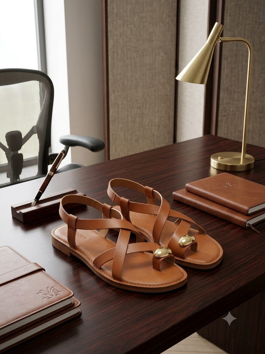 Sandales en cuir marron avec détail doré